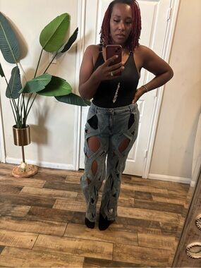 Women’s Black Bodysuit and Distressed Blue Cutout Jeans Set